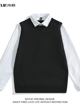 BOYUE帛跃假两件拼接毛衣春秋男女英伦学院风设计感polo针织衫潮