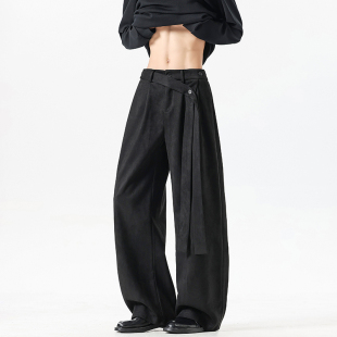 男 飘带休闲痞帅麂皮绒阔腿裤 BOYUE帛跃韩版 潮流百搭抗皱垂感西裤