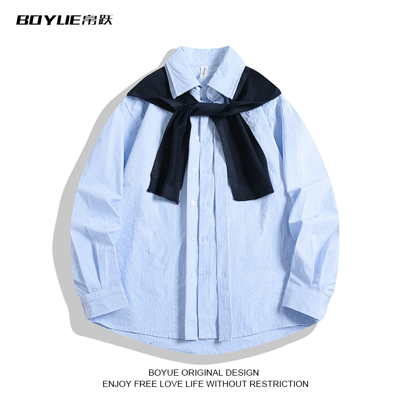 BOYUE帛跃假两件双层领条纹衬衫