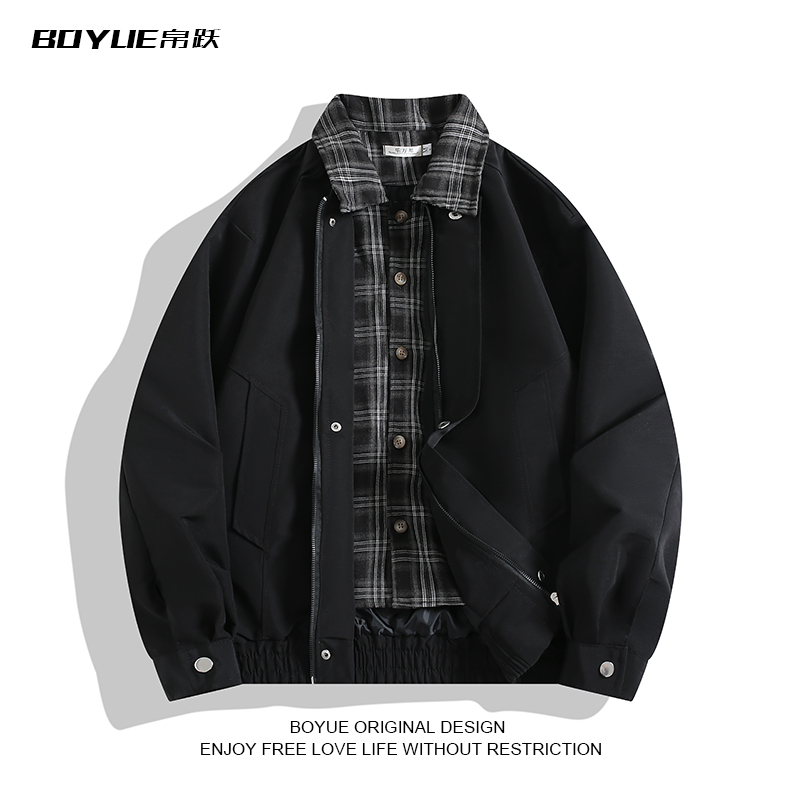 BOYUE帛跃假两件格子翻领夹克男