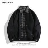 BOYUE帛跃港风复古bf个性 潮流机车假两件格子拼接翻领高街外套男