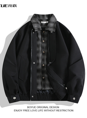 BOYUE帛跃港风复古bf个性潮流机车假两件格子拼接翻领高街外套男