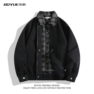 BOYUE帛跃假两件格子翻领夹克男