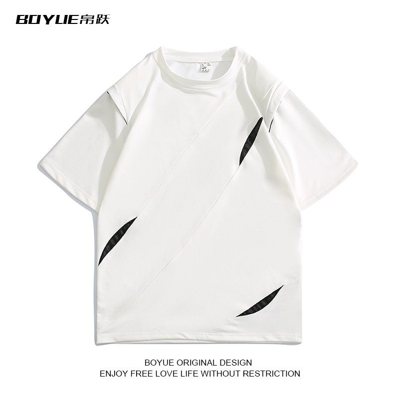 BOYUE帛跃割裂拼接设计感垫肩半袖打底衫潮牌时尚简约短袖T恤衫男