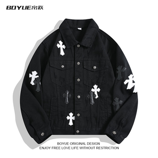 BOYUE帛跃欧美十字架贴布牛仔外套设计感痞帅嘻哈休闲炸街男夹克