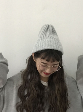 李宛真同款软糯厚实百搭浅灰色兔绒包芯纱坑条卷边针织帽子尖尖帽