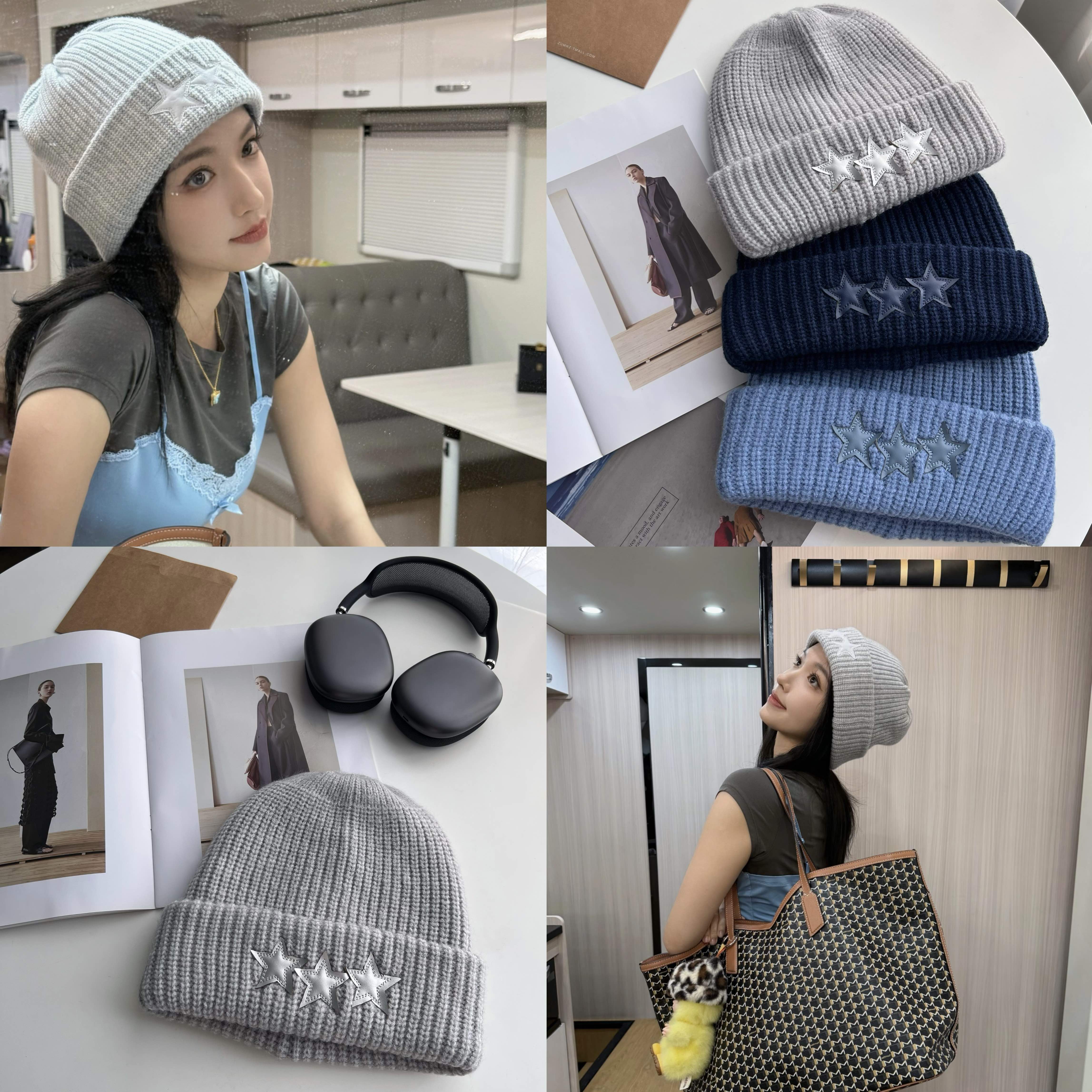 程潇同款！秋冬百搭厚实保暖双层针织卷边五角星毛线帽星星冷帽女