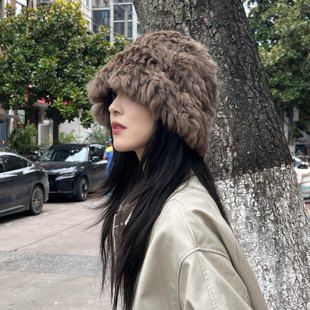 定制烟熏乌木色!天然獭兔毛编织皮草盆帽晚晚同款保暖毛毛醒狮帽