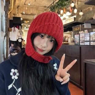 去济州岛过冬天～保暖百搭粗针织巴拉克拉法帽粗新年红色毛线帽子