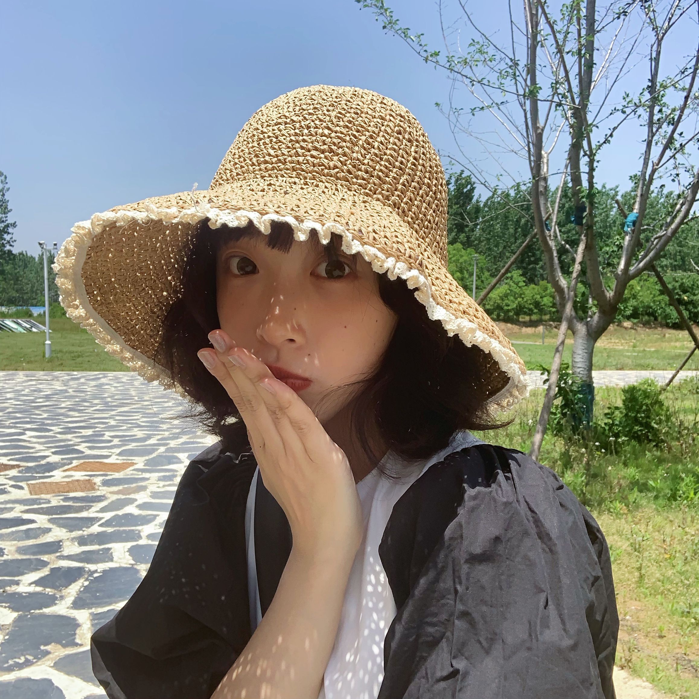 草帽清新花边大檐遮阳帽子女蕾丝