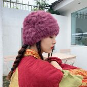 姚叔叔 罕见覆盆子色～獭兔毛手工编织皮草帽梅子色真兔毛帽子女