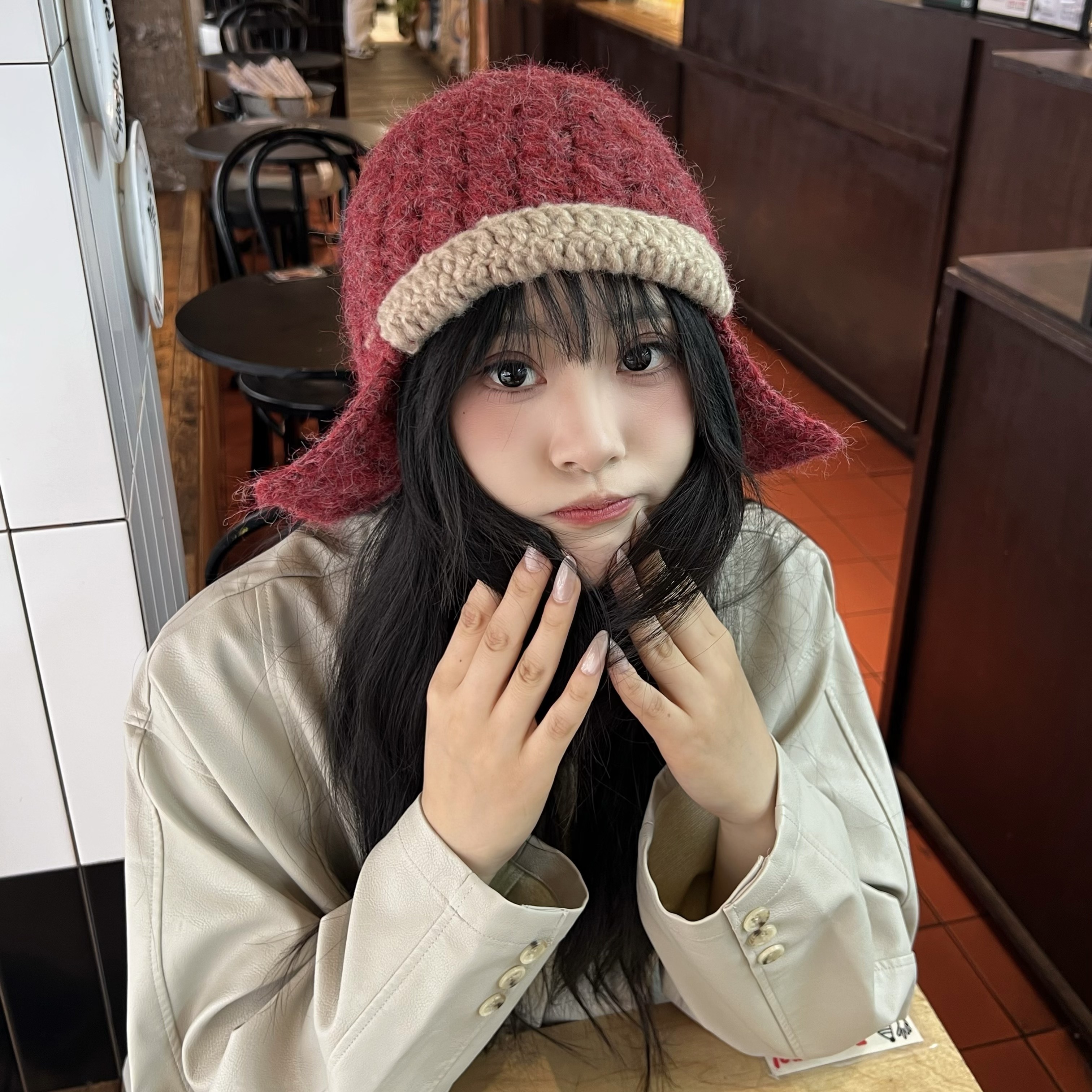 mona同款~韩国小众手工钩织护耳短檐毛线帽针织雷锋帽包头飞行帽