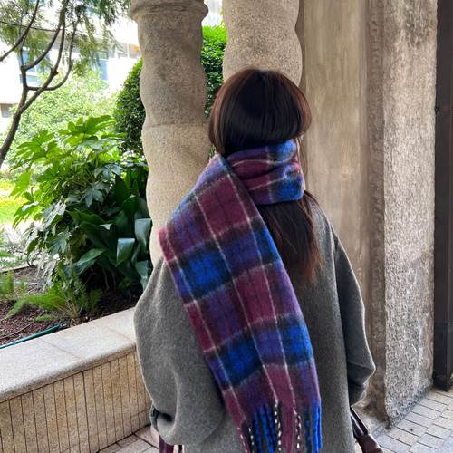 蓝紫撞色格纹棉羊毛格子流苏围巾