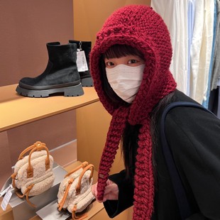 韩代同款~手工粗毛线棒针帽子围巾一体保暖羊毛护耳巴拉克拉法帽