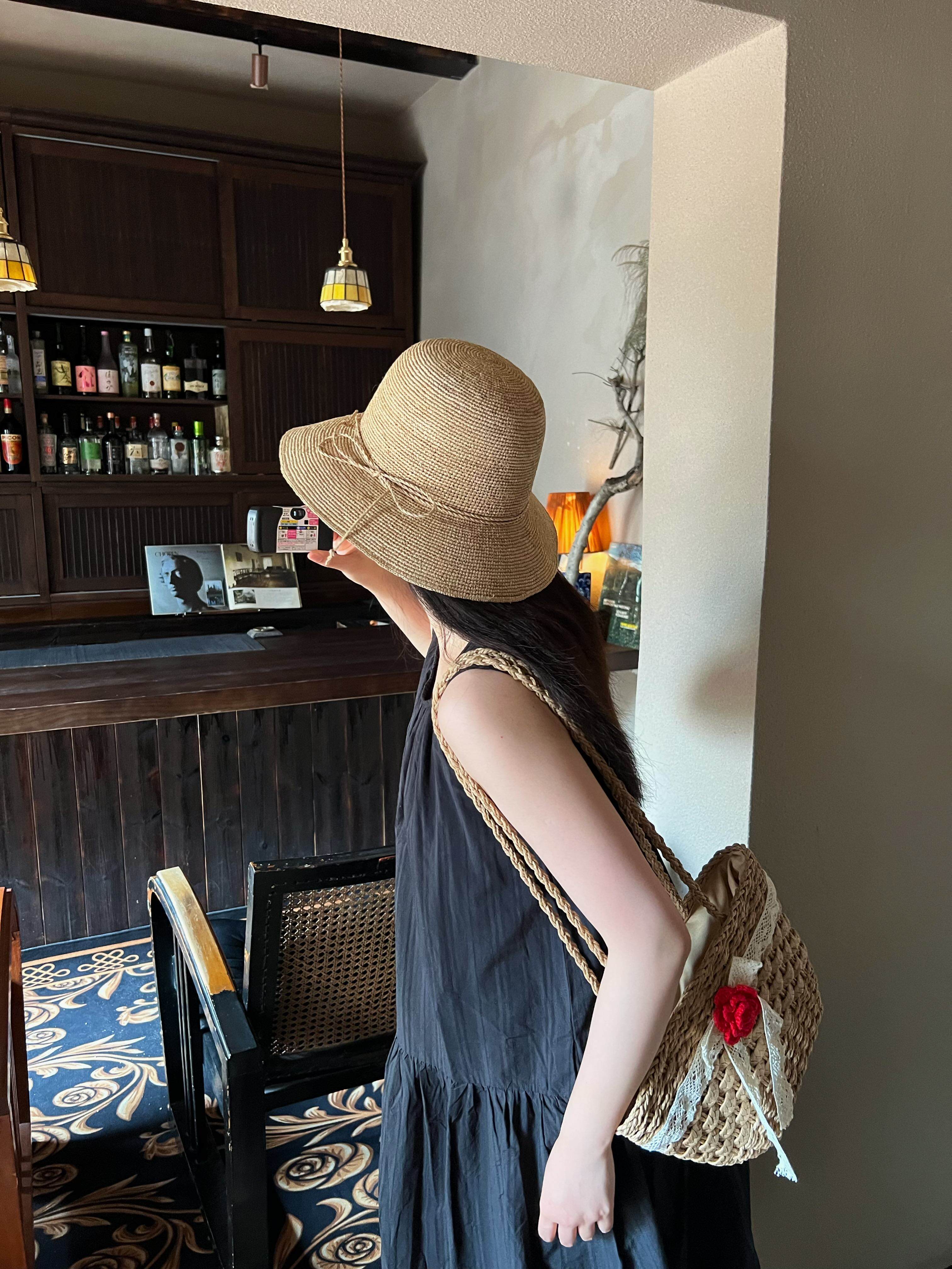 夏日香气～高品质天然拉菲草编织圆顶遮阳草帽夏季百搭法式大檐帽