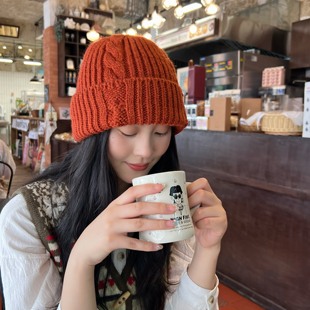 韩女氛围~显白南瓜色复古粗棒针麻花卷边针织帽厚实保暖毛线帽子