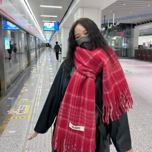 点亮冬天的红格子围巾～厚实保暖仿羊绒拉毛流苏大披肩长款围巾女