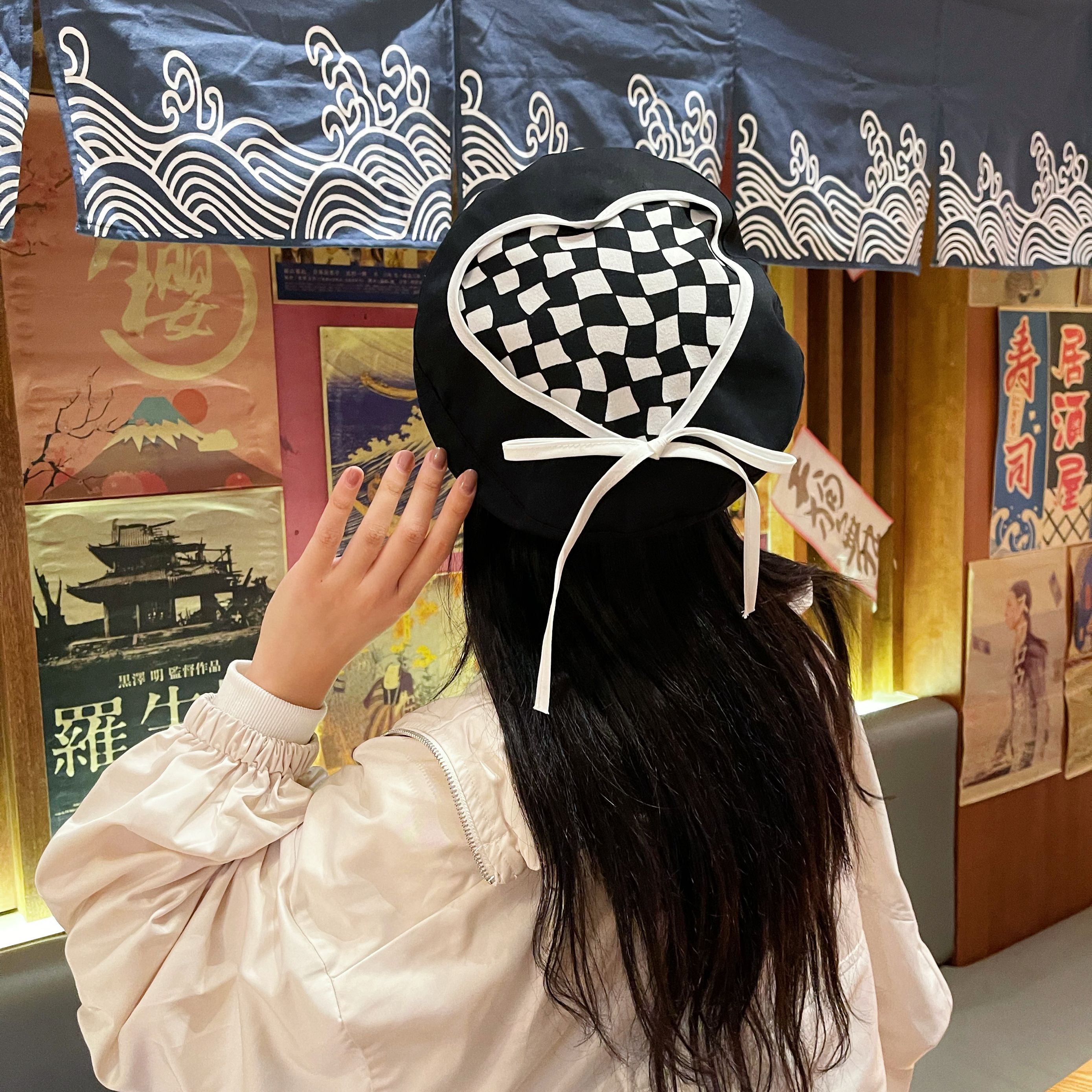 棋盘格贝雷帽甜美可爱女春夏