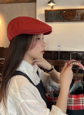 版型超正！巨显白波尔多红色亚麻前进帽2026春夏新款麻料鸭舌帽子