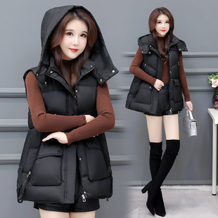 中长羽绒棉马夹女大码休闲棉背心可拆帽加厚棉背心显瘦大口袋马甲