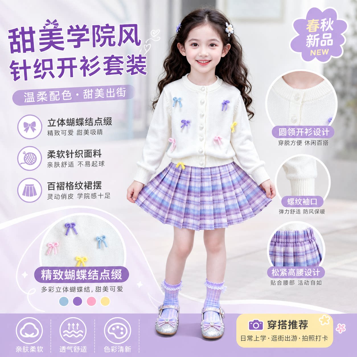 女童蓝格百褶裙春秋款学院风半身裙儿童松紧腰格子短裙小女孩JK裙