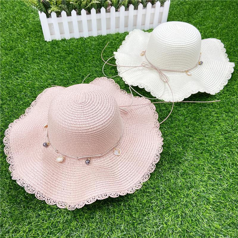 新款灰色珠子沙滩草帽子女夏天海边大檐防晒遮阳出游度假凉帽太阳