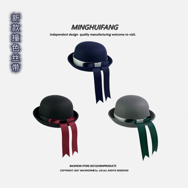 撞色带日本校供感手作JKDK制服帽毛呢学院风蝴蝶结飘带幼稚园帽子