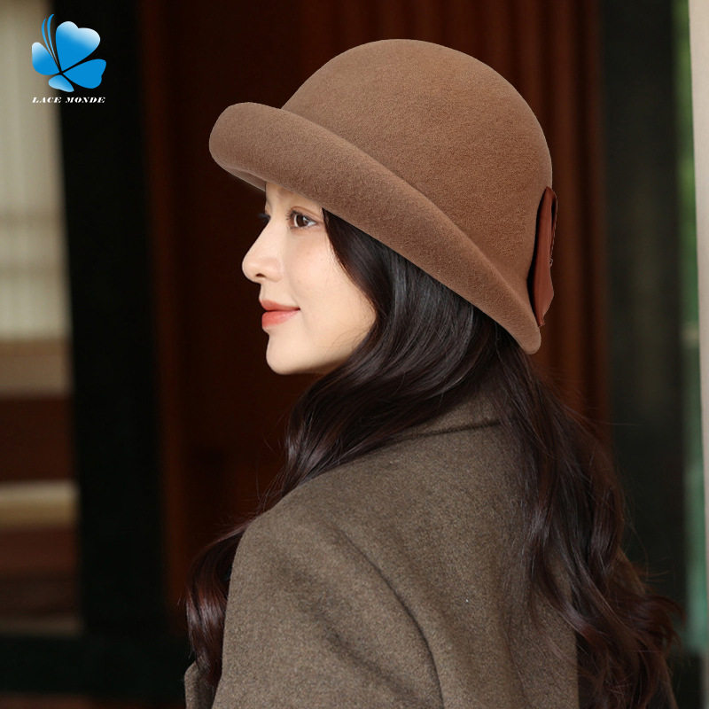 贝雷帽女秋冬日系小香风蝴蝶结毛呢帽时尚百搭硬顶定型盆帽潮
