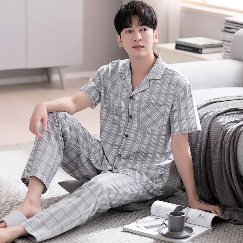 男士睡衣梭织纯棉布夏季薄款长裤开衫夏天加大码宽松套装