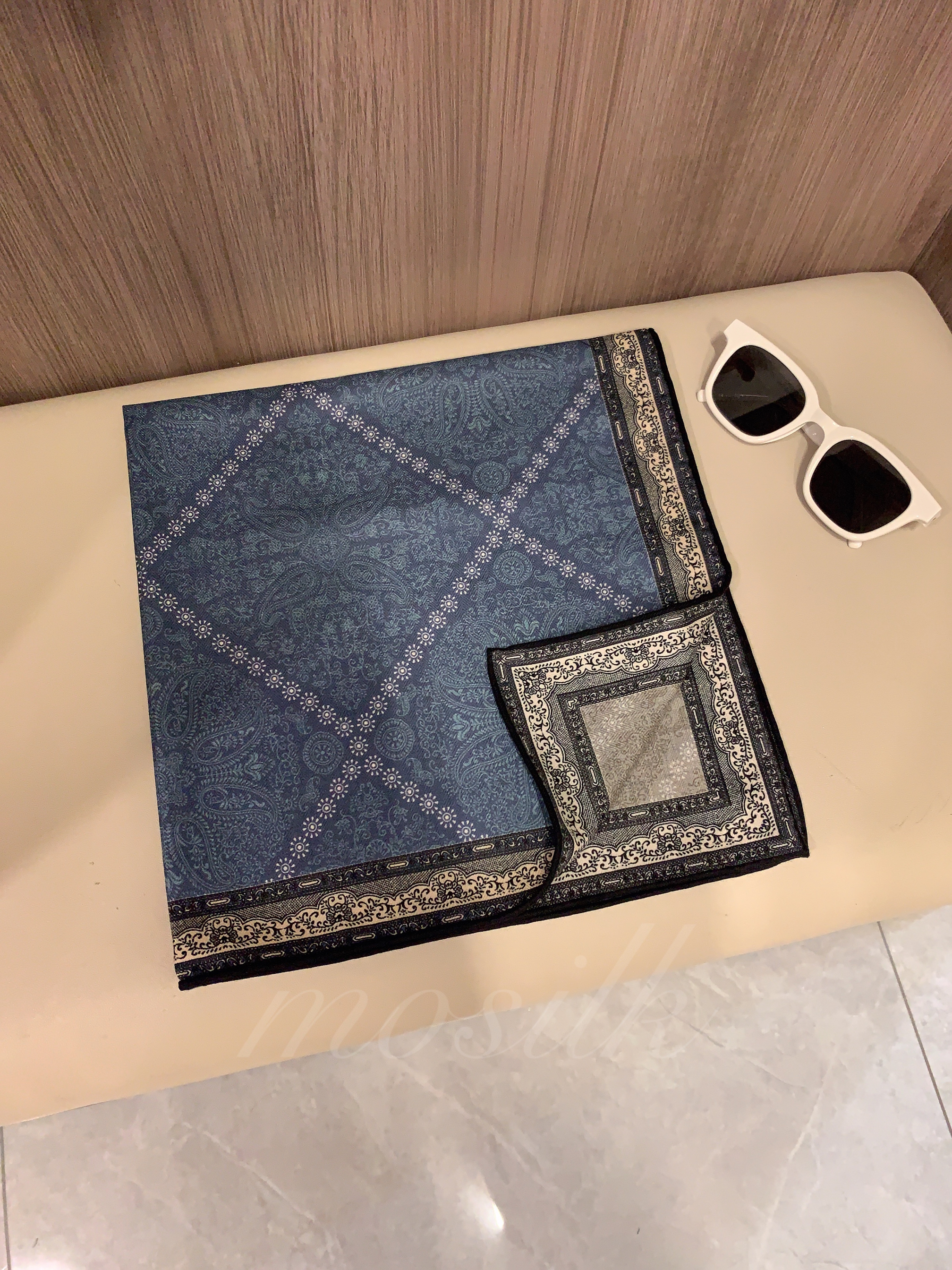 特牛仔佩斯利 双面用灰蓝色丝毛围巾 百搭休闲桑蚕丝绵羊毛方巾女