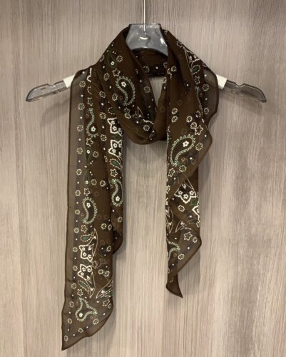 法式印花栗咖真丝佩斯利桑蚕丝双绉轻薄围巾真丝丝巾160×30CM