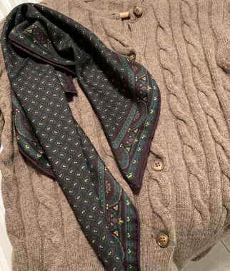 复古绿棕色调百搭质感围巾 bandana黄色桑蚕丝绵羊毛方巾女