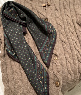 复古绿棕色调百搭质感围巾 bandana黄色桑蚕丝绵羊毛方巾女