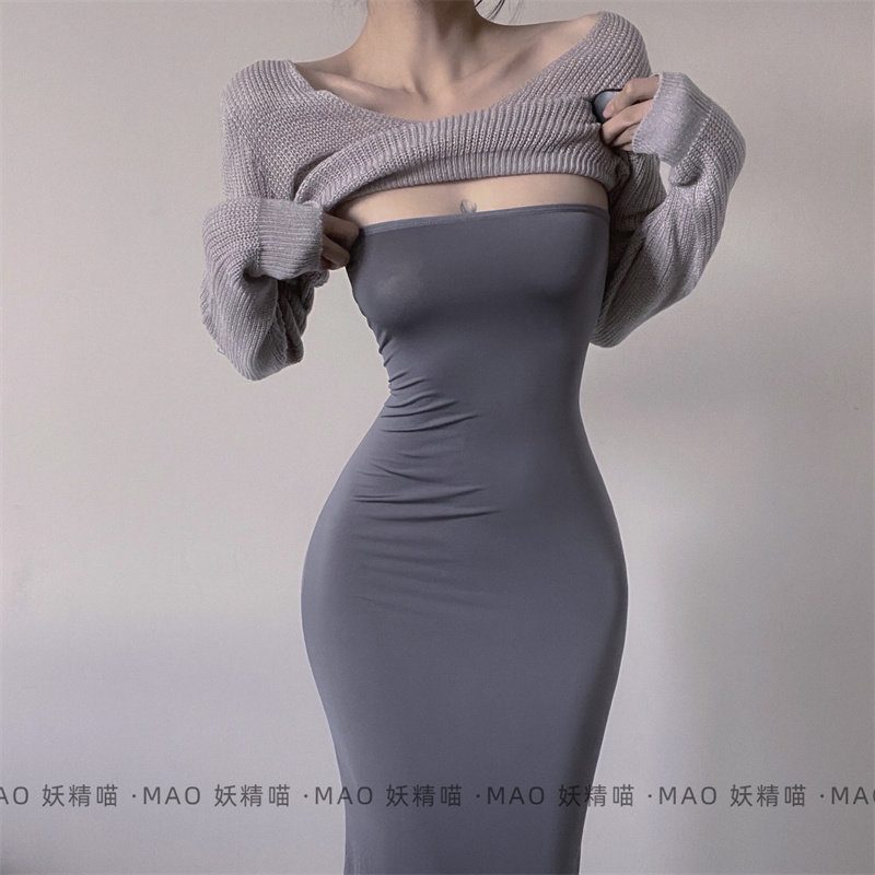 妖精喵：“冷艳女人”后背显臀绑带睡裙紧身长裙显瘦针织罩衫性感