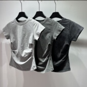 美式 上衣缩褶收腰棉百搭T恤女 圆领正肩修身 复古欧货2025夏季 新款