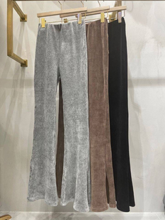 女秋冬 松紧腰高腰灯芯绒开叉显瘦微喇休闲长裤 美式 欧货2025新款