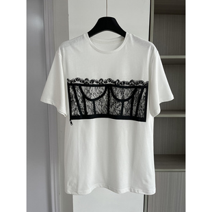 百搭蕾丝拼接圆领打底衫 T恤时尚 2025早秋宽松短袖 上衣 清仓价