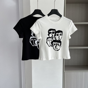 时尚 2025早秋新款 印花短袖 T恤上衣百搭修身 打底衫 短款 清仓价