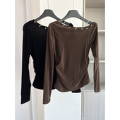 收腰打底衫 高级感丝绒 T恤钉珠漏肩上衣 时尚 修身 2025早秋季 新款