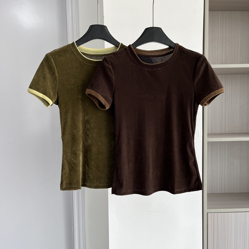 高级感丝绒圆领正肩短袖T恤