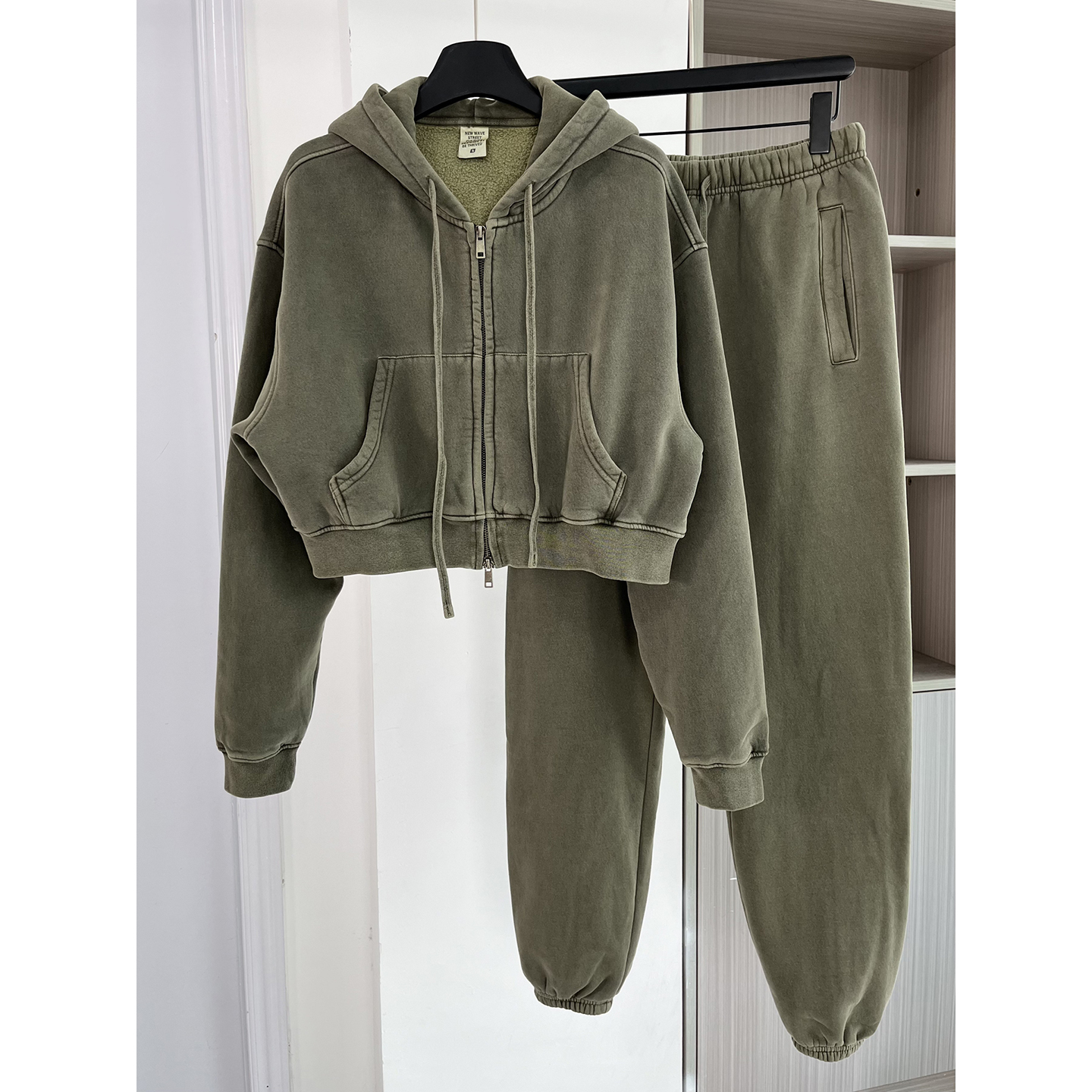 欧货美式休闲套装女秋冬款时尚宽松拉链加绒加厚卫衣长裤子两件套