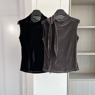 法式小众高级感半高领领结丝绒背心女春季无袖修身显瘦打底衫上衣