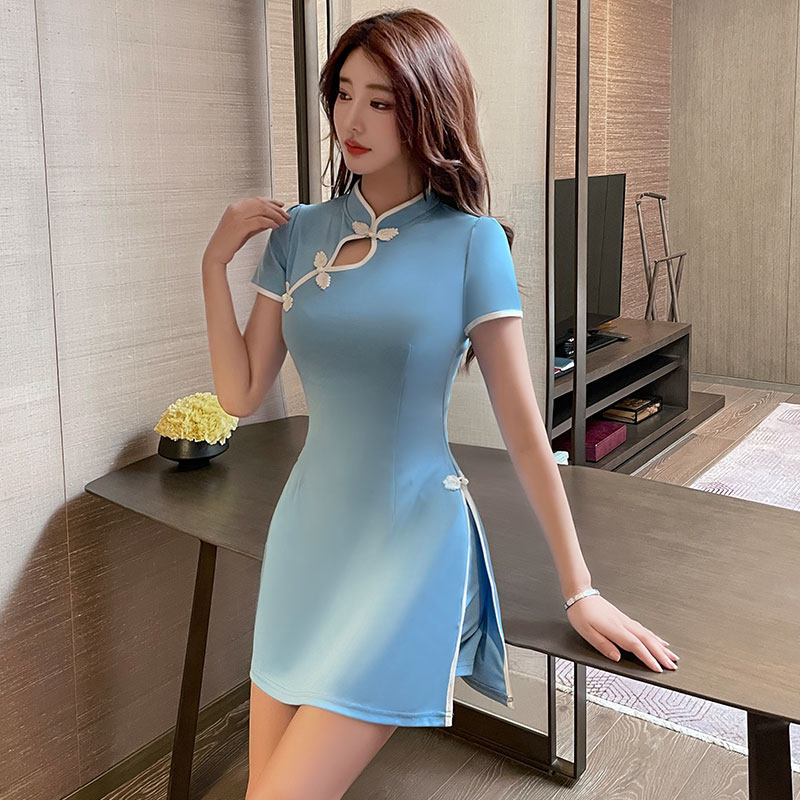 夜场工作服女深v低胸收腰连衣裙改良旗袍夏款桑拿足浴技师工装a字 - 实物图