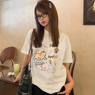 夏季慵懒涂鸦上衣T恤女白色