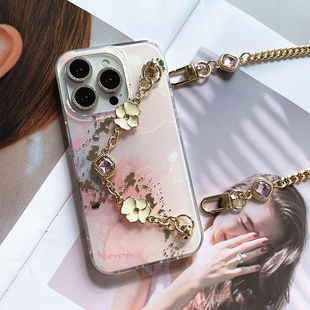 甜系少女！适用苹果16ProMax手机壳iPhone17保护套新款15全包防摔plus高档腕带14斜挎2链条13肩背Air挂绳粉色