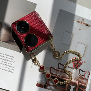 适用华为pocket2手机壳新款折叠屏真皮保护套p50pocket皮质丝巾挂绳链条p60宝盒s全包防摔手提气质女斜挎腕带