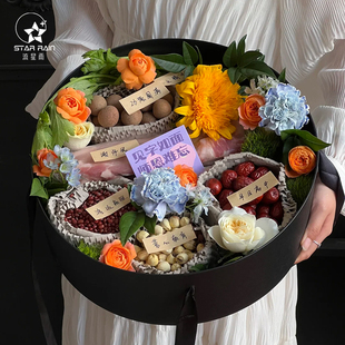 束修六礼谢师礼盒材料包圆形手提花盒防水鲜花花束包装盒花艺空盒