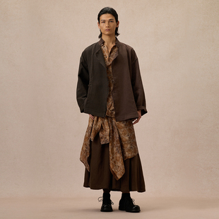 【MORIN KHUUR 牧仁】棕色手织布立领不规则门襟宽松外套