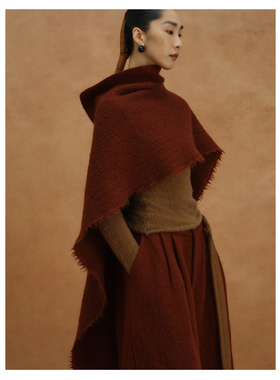 【MORIN KHUUR设计师品牌】红色羊毛毛呢围巾披肩