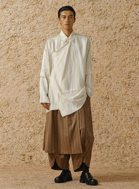 【MORIN KHUUR 牧仁】米白色不对称斜门襟拼接提花衬衫